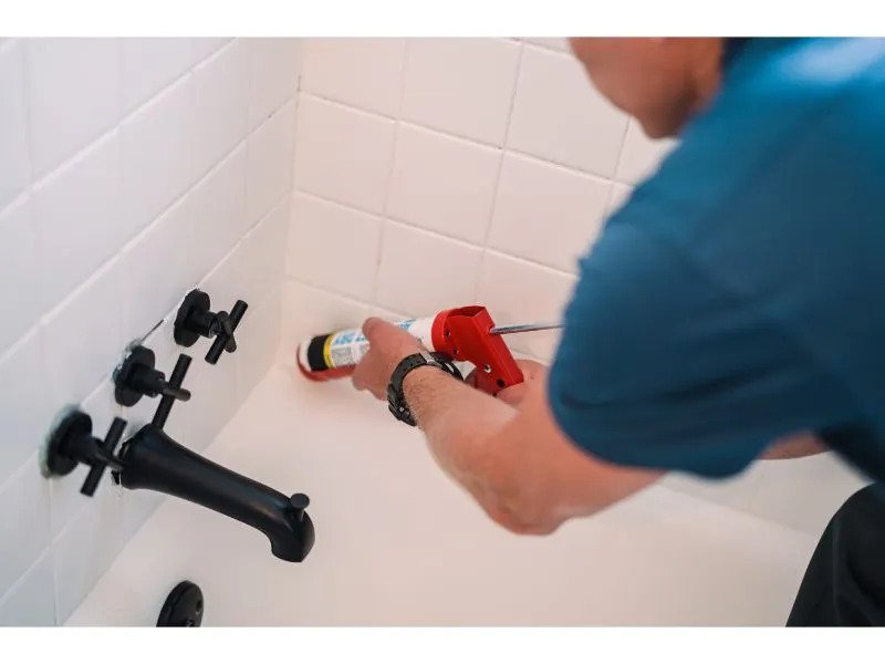 Handyman applies caulk to bathtub