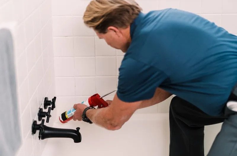 Handyman applies caulk to bathtub